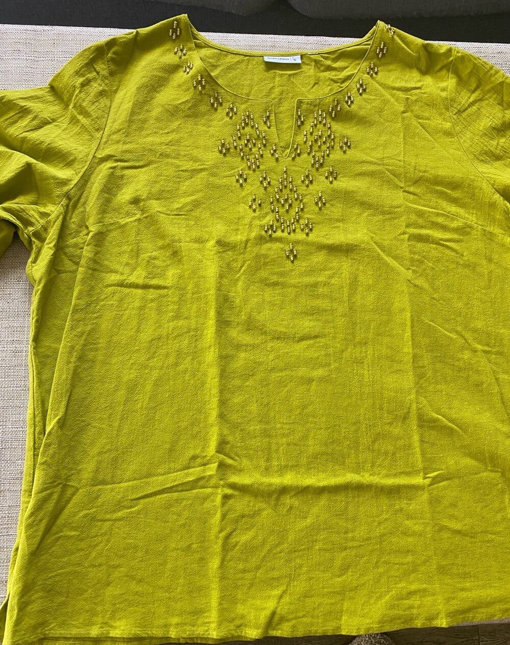 SUSAN GRAVER Top Shirt Lime Green 3/4 Sleeve Cotton Casual 3XL